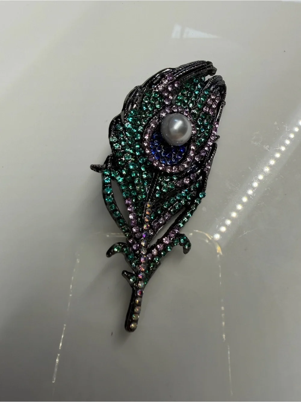 Vintage Inspired Peacock Feather Crystal Pearl Brooch Statement Pin